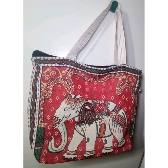 Sam Well Tapestry Tote Bag Elephant Woven Zipper Double sided Thailand Travel - Picture 2 of 8